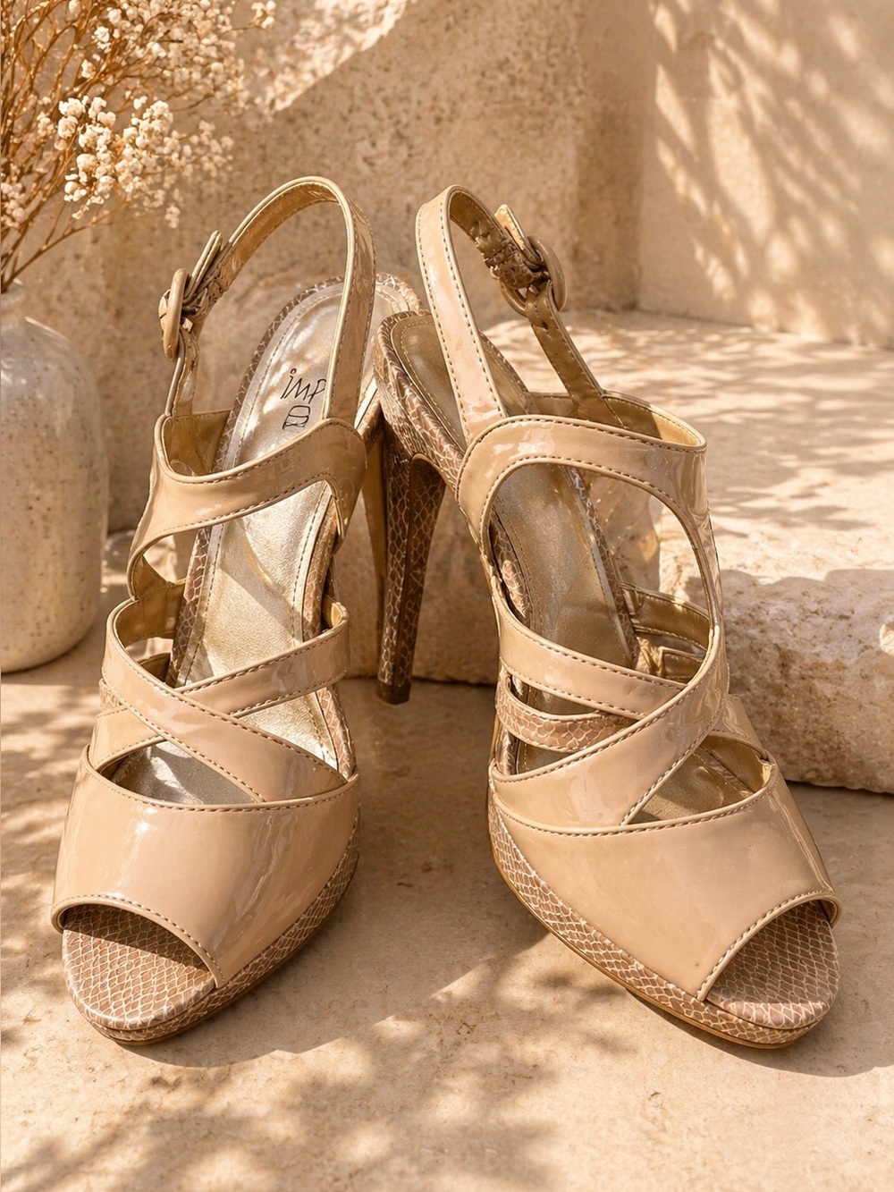 IMPO Hilary Nude Slingback Heels Snake Print Accent Size 8.5